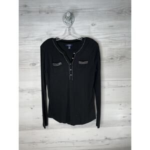 Chaps Shirt Womens Medium Black Long Sleeve‎ Henley Embellished Beaded Knit Top